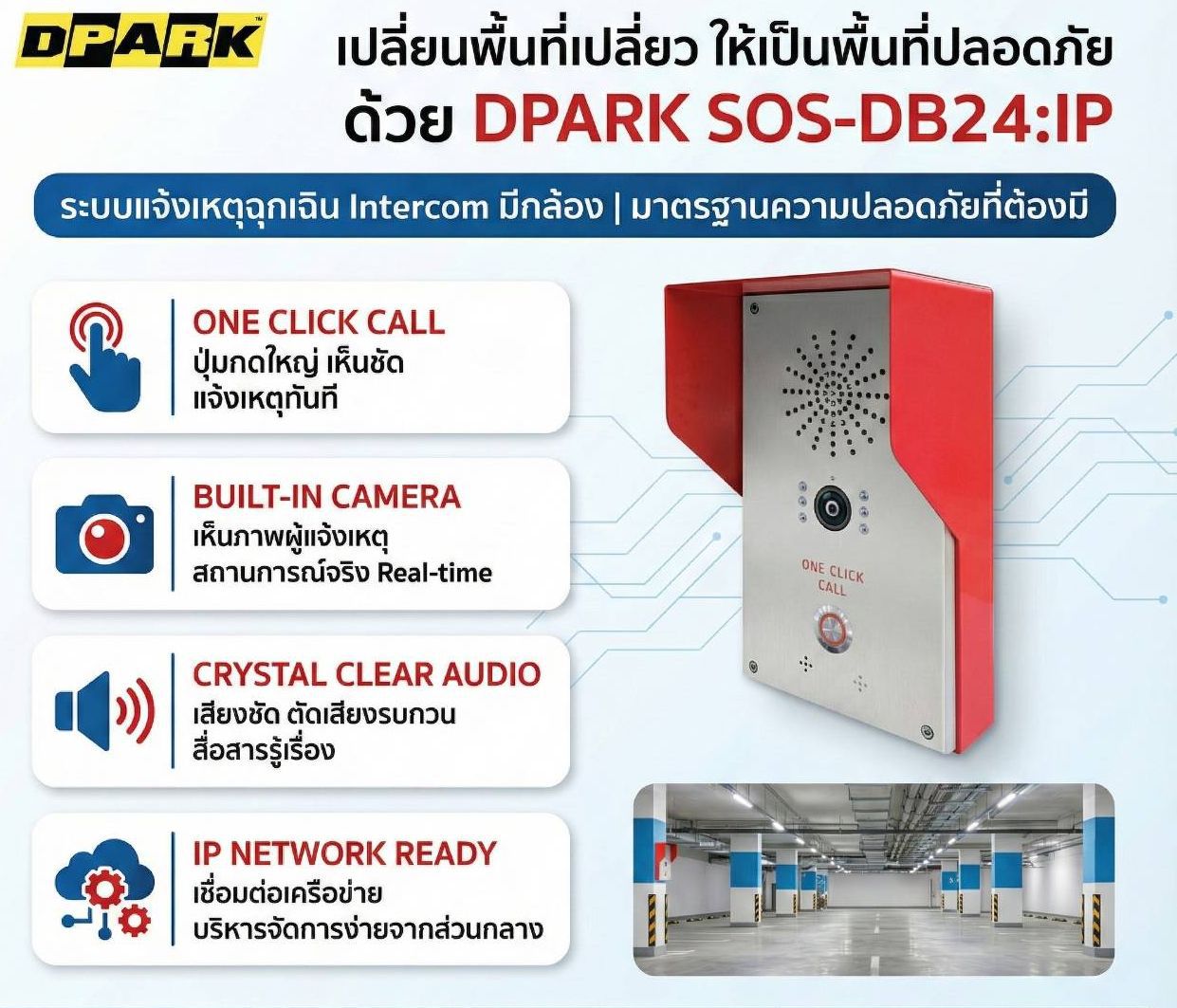 เครื่อง SOS-DB24 IP Intercom ระบบแจ้งเหตุฉุกเฉินสีแดงสลับเงิน ติดตั้งบนผนังพร้อมกล้องและปุ่มกดแบบมุมเฉียงด้านข้าง