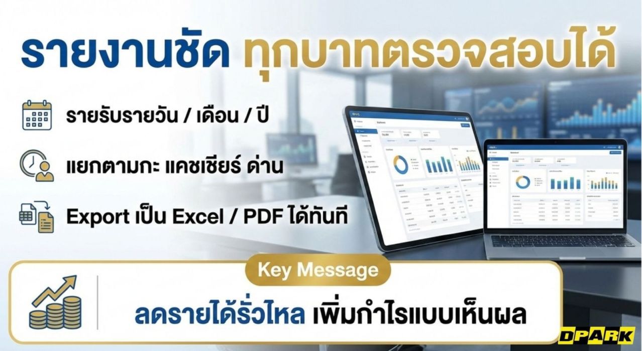 แผ่นซีดีโปรแกรมคิดเงินลานจอดรถ DPARK Software วางคู่กับกล่องซอฟต์แวร์สีขาวตัดเขียว มุมมองด้านหน้าบนพื้นหลังสีขาวสะอาดตา