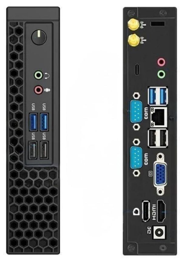 มินิคอมพิวเตอร์ IT-PC02 Core i5 สีดำขนาดเล็ก มุมมองด้านข้างแสดงพอร์ตเชื่อมต่อขณะถือด้วยมือเพื่อเทียบขนาดตัวเครื่อง