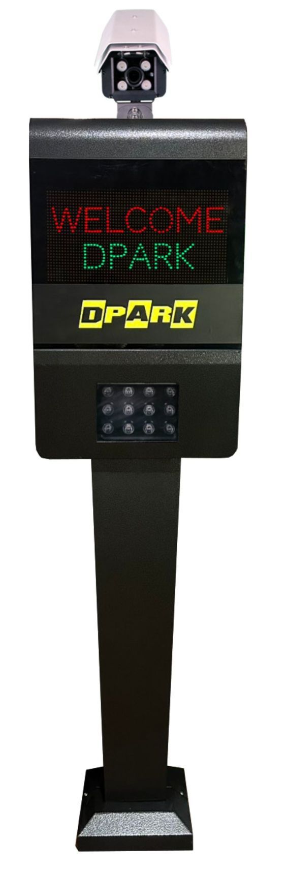กล้องอ่านทะเบียน ANPR รุ่น CP-LPR05 สีดำ ติดตั้งบนเสาสูงพร้อมหน้าจอ Display แสดงข้อความสำหรับระบบควบคุมทางเข้าออก