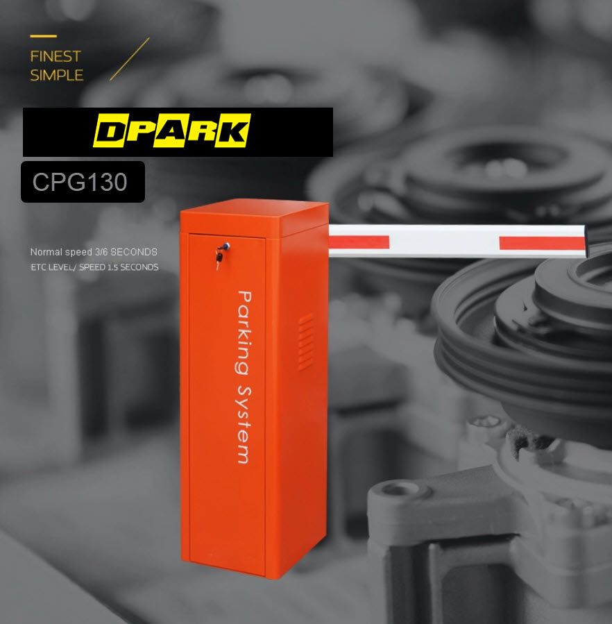 ไม้กั้นรถยนต์ DC Gate Barrier รุ่น CP-CPG130 ตัวเครื่องสีแดงตั้งพื้นพร้อมไม้กั้นสีขาว แถบสะท้อนแสง มุมมองด้านข้างบนพื้นหลังขาว
