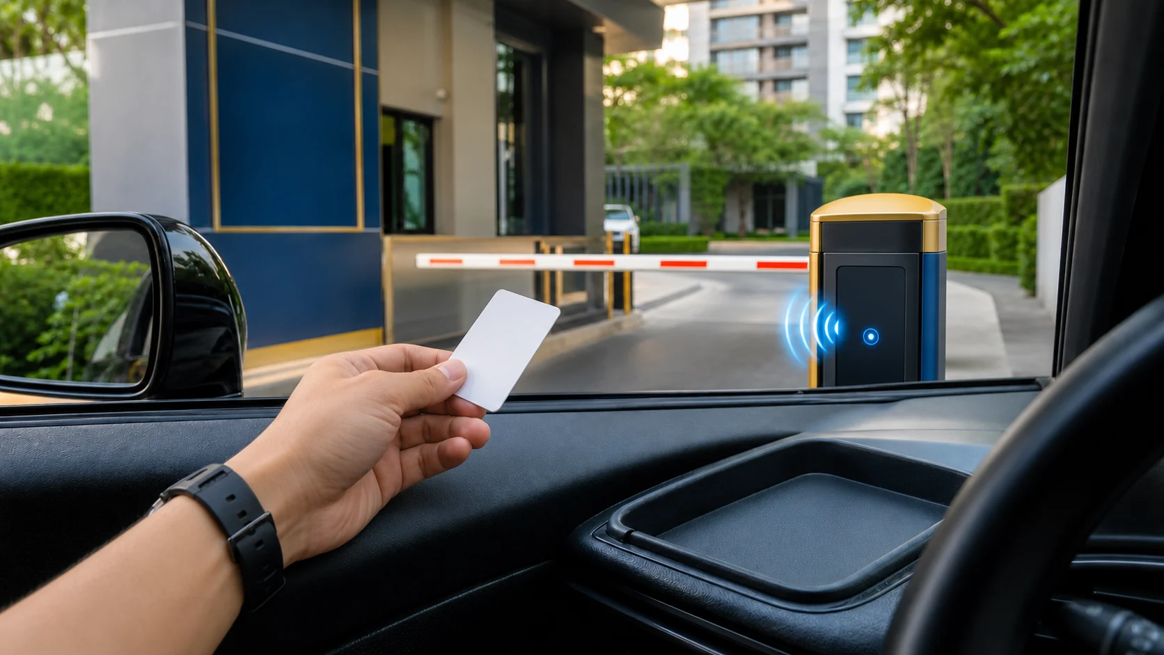 ผู้ขับอยู่ในรถถือบัตร RFID ใกล้เครื่องอ่านที่ไม้กั้นรถ