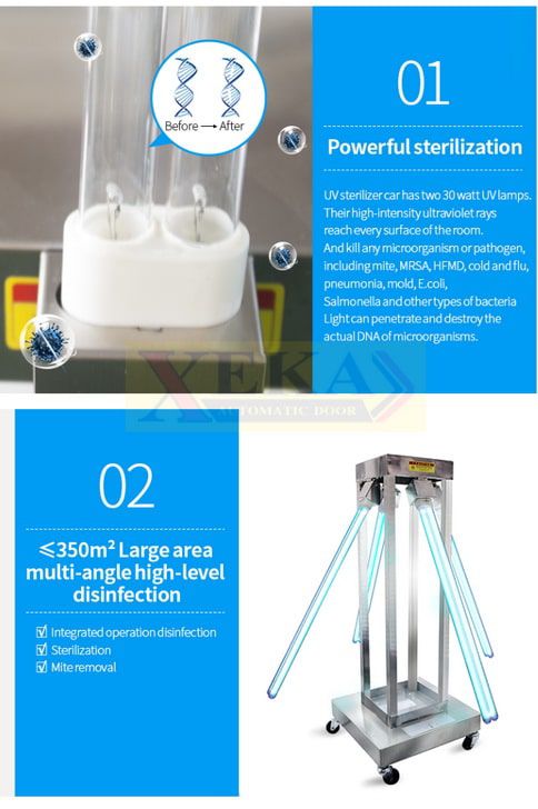 เครื่องฆ่าเชื้อด้วยแสง UVC ขนาด 400W รุ่น CVD-UV04 ตัวเครื่องสแตนเลสสีเงินแบบมีล้อลากพร้อมหลอดไฟสีฟ้ามุมมองเฉียงด้านข้าง