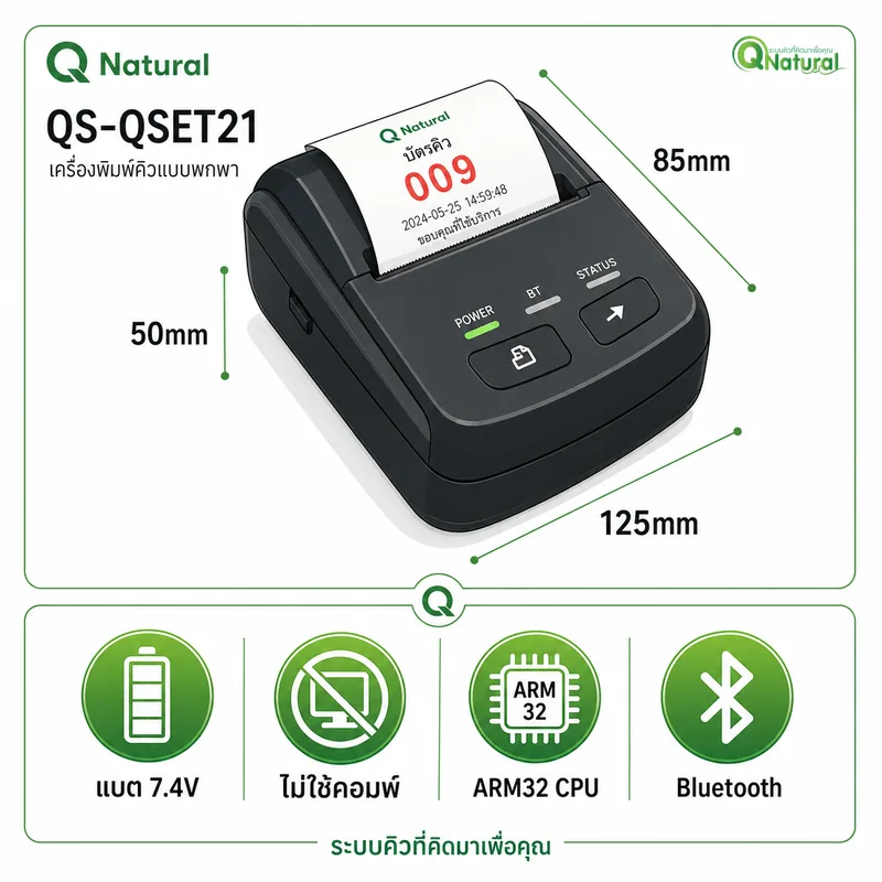 สเปค QS-QSET21 — ARM32 CPU + แบตเตอรี่ 7.4V + Bluetooth + กระดาษ Thermal 57mm