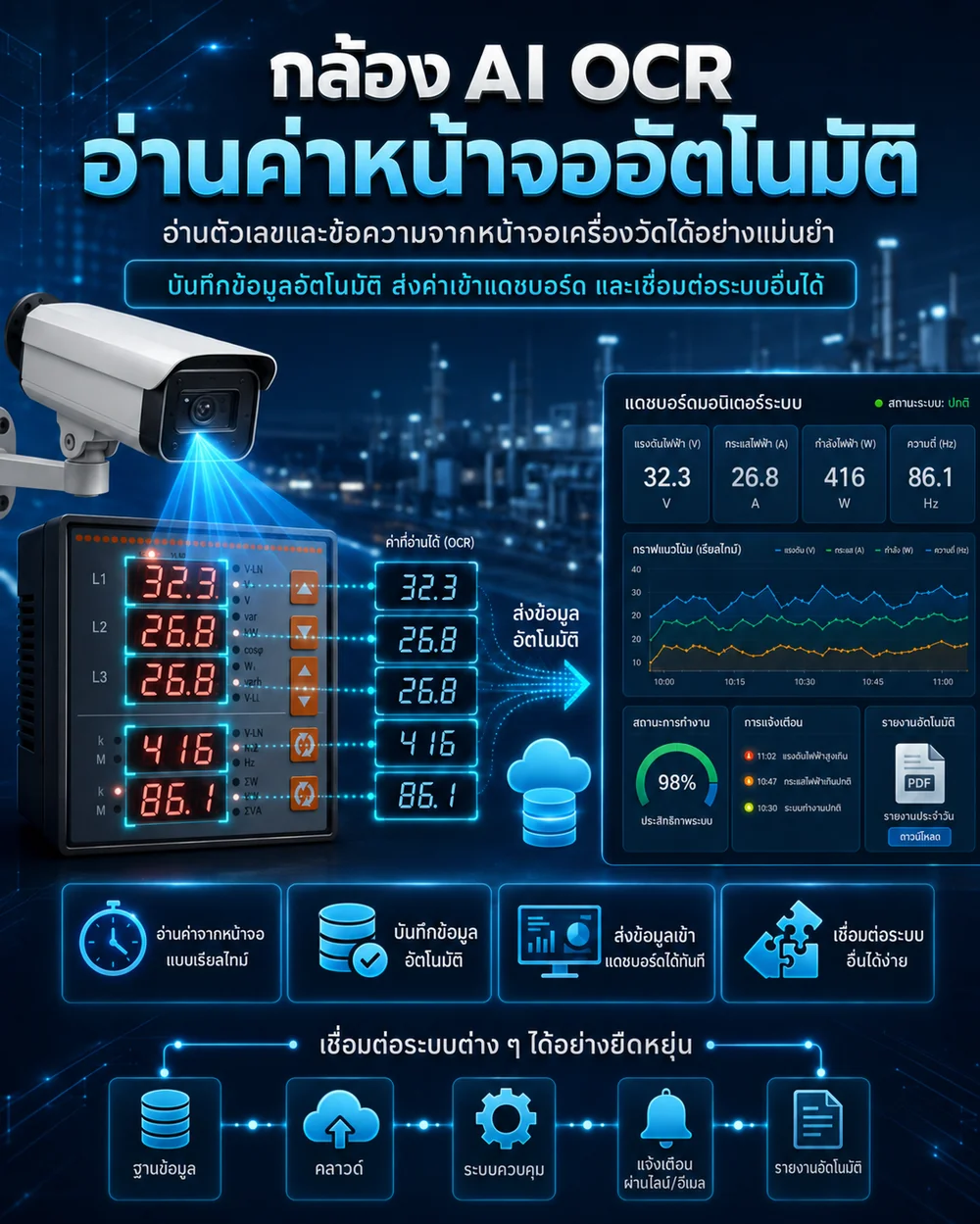 กล้อง AI OCR อ่านค่าจากจอมิเตอร์อัตโนมัติ ส่งข้อมูลเข้าแดชบอร์ดและแจ้งเตือนผ่านไลน์หรืออีเมล