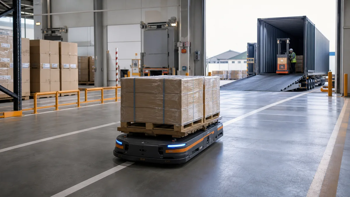 AGV ขนส่งพาเลทภายในคลังสินค้าเชื่อมพื้นที่โหลดตู้คอนเทนเนอร์