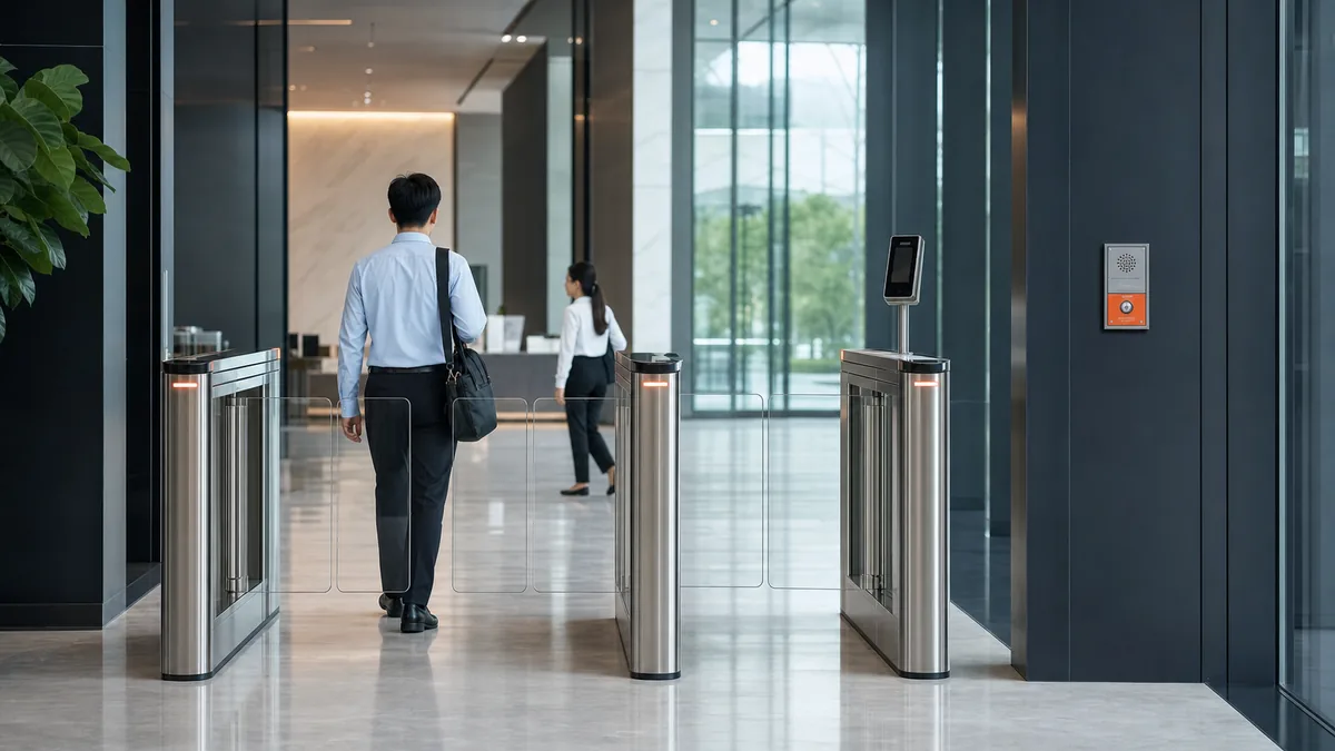 พนักงานผ่านประตู Speed Gate พร้อมเครื่องอ่านบัตรและจุดเรียกฉุกเฉิน