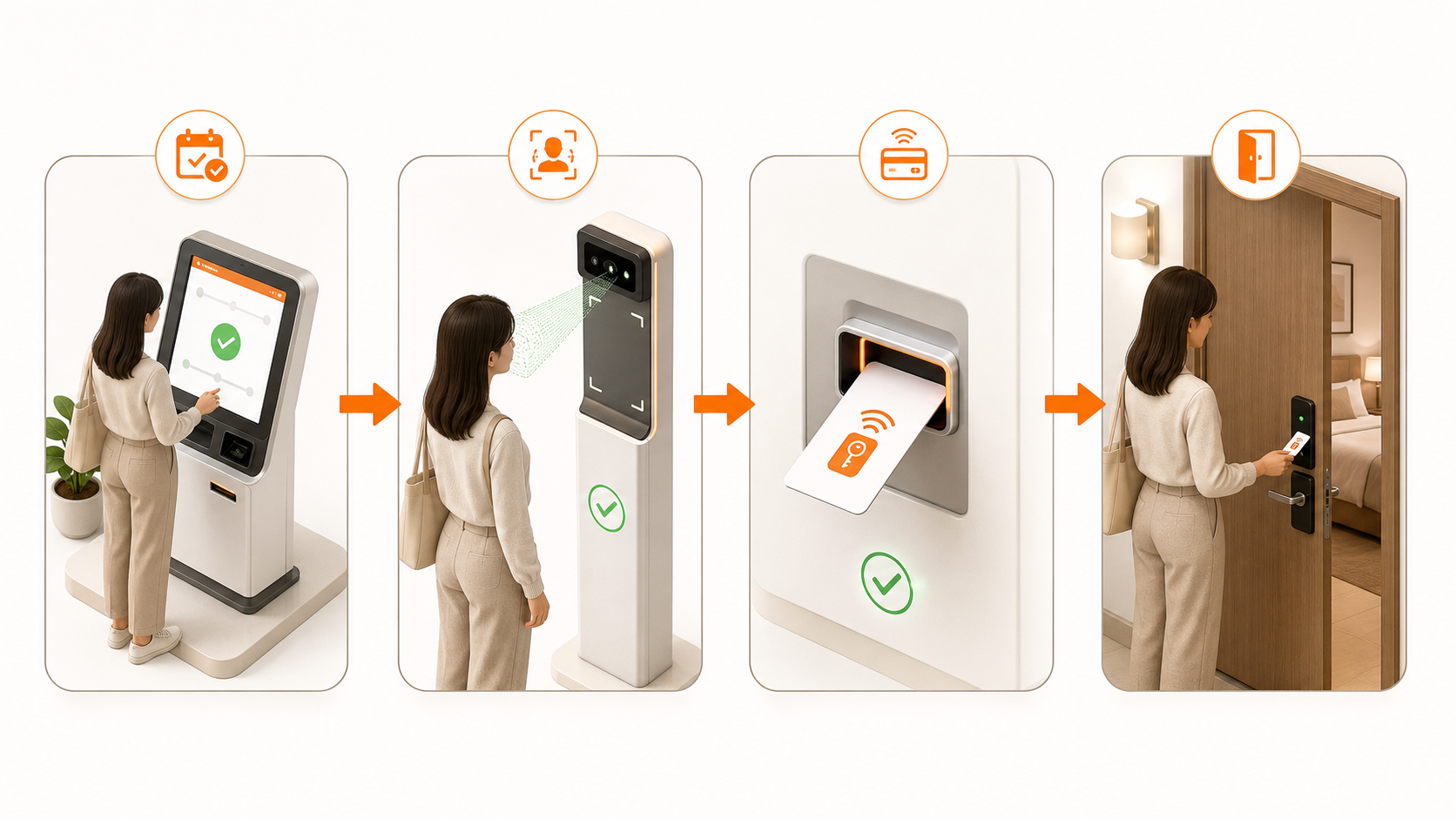 ภาพ 4 ขั้นตอน: ยืนยันการจอง ยืนยันตัวตน รับคีย์การ์ด และแตะบัตรเปิดห้องพัก