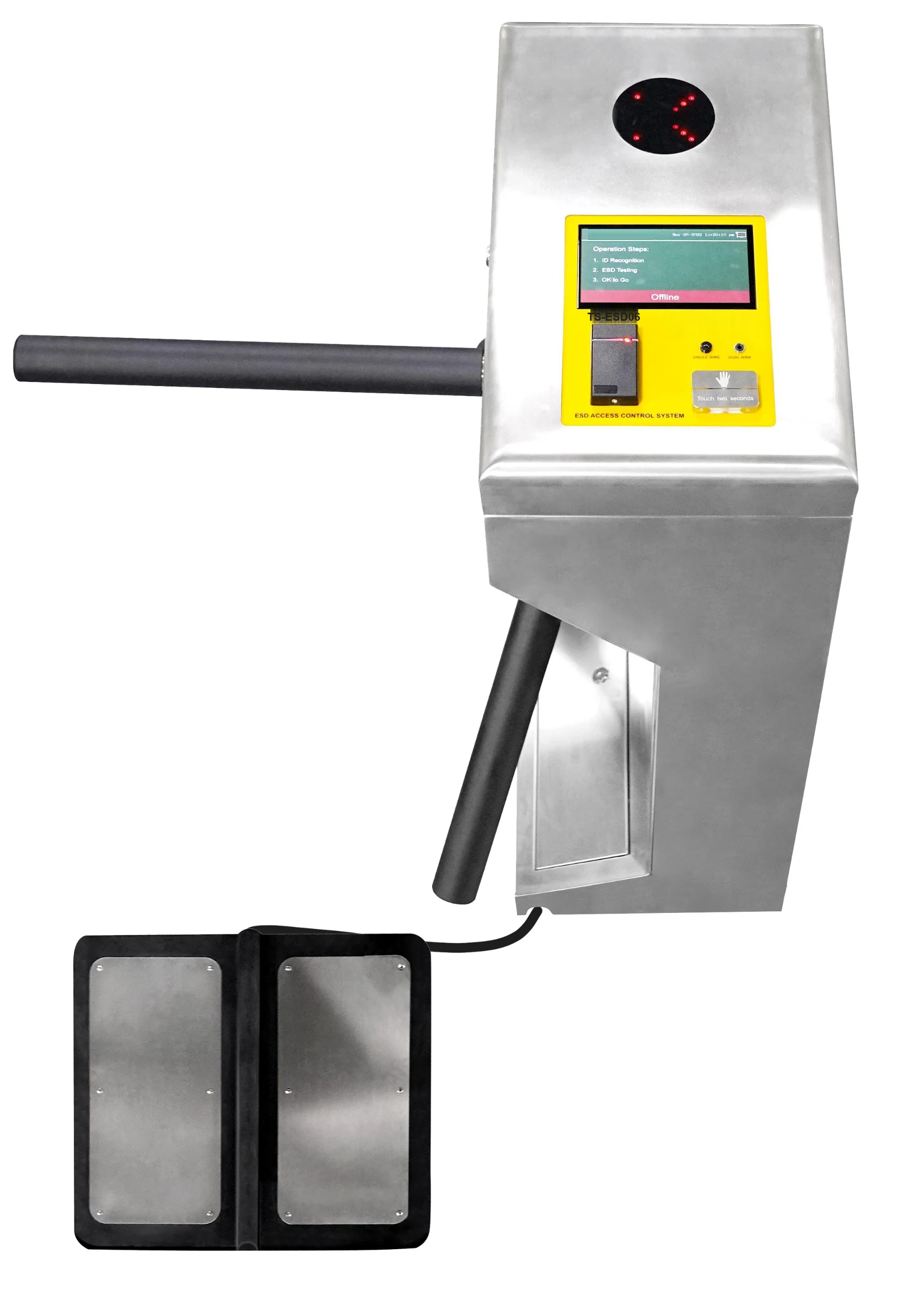 TS-ESD06 ติดตั้งบนเครื่องกั้นคนสามขา Tripod Turnstile พร้อมแผ่นทดสอบเท้าคู่