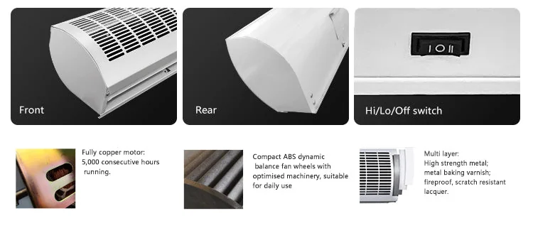 รายละเอียดชิ้นส่วนม่านอากาศ ATD-AC02 มอเตอร์ทองแดง ใบพัด ABS สวิตช์ปรับระดับ และตัวถังโลหะ