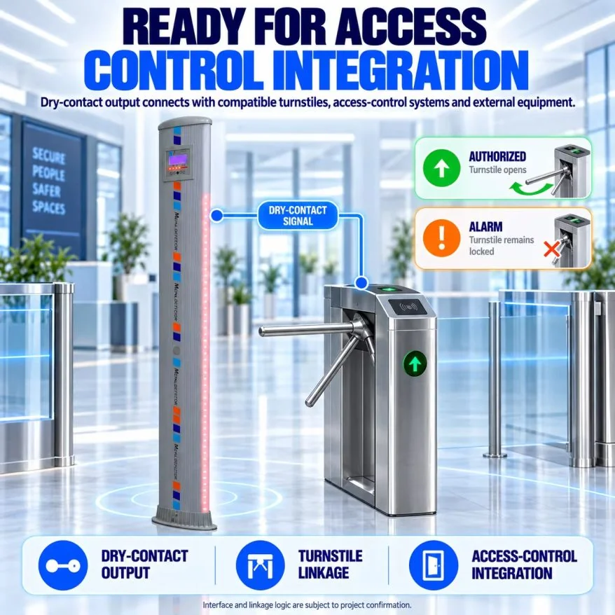การเชื่อมต่อเสาตรวจจับโลหะ SE-WT-S01 ร่วมกับประตูกั้นทางเดิน Turnstile