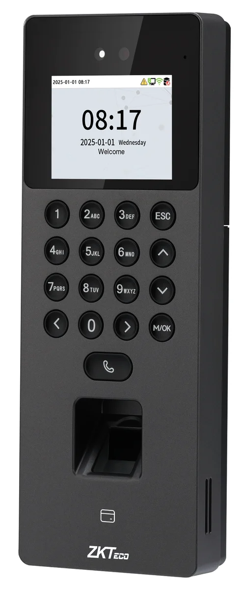 ZKTeco SenseFace 2A มุมมองเฉียง ดีไซน์เพรียวบาง หน้าจอสี แป้นกด และหัวอ่านลายนิ้วมือ