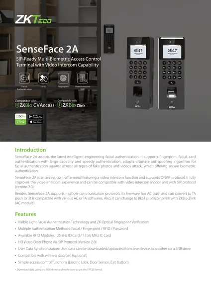 ZKTeco SenseFace 2A Datasheet โบรชัวร์สเปกทางการจากผู้ผลิต