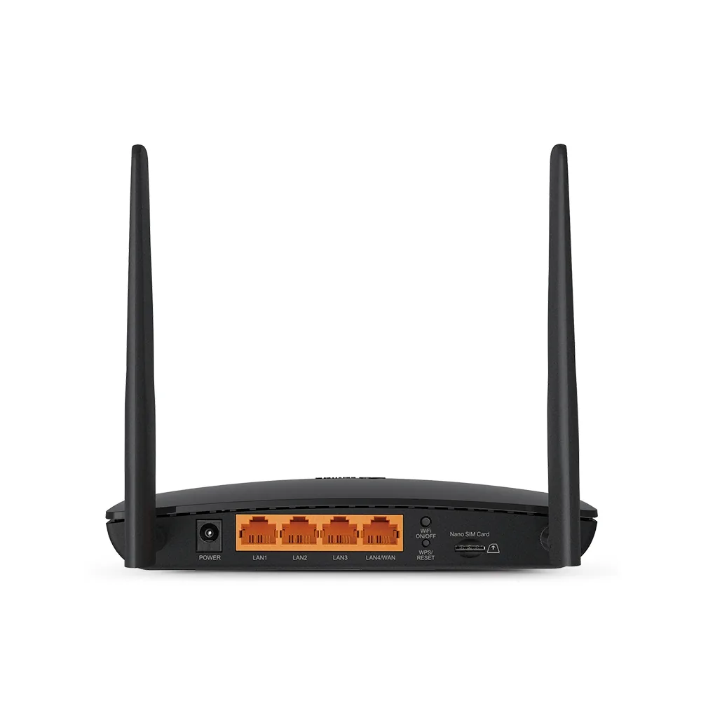 พอร์ตเชื่อมต่อด้านหลัง LAN 4 ช่อง ปุ่มเปิดปิด และช่องเสียบซิมการ์ด