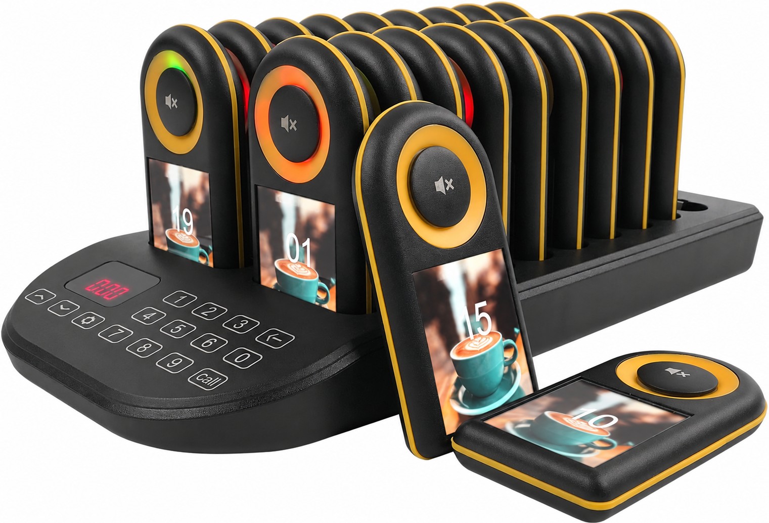 ระบบเพจเจอร์เรียกคิวไร้สาย ชุด 20 ตัว IP55 เตือนออกนอกระยะ